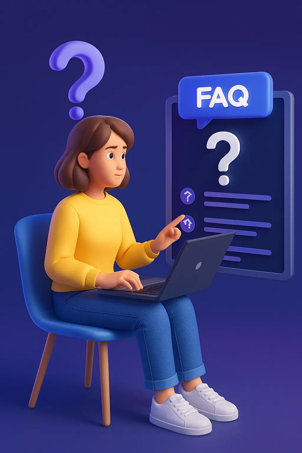3D ilustracija žene za laptopom kako istražuje često postavljana pitanja (FAQ) o izradi web shopa, uz digitalni interfejs sa znakom pitanja u pozadini.