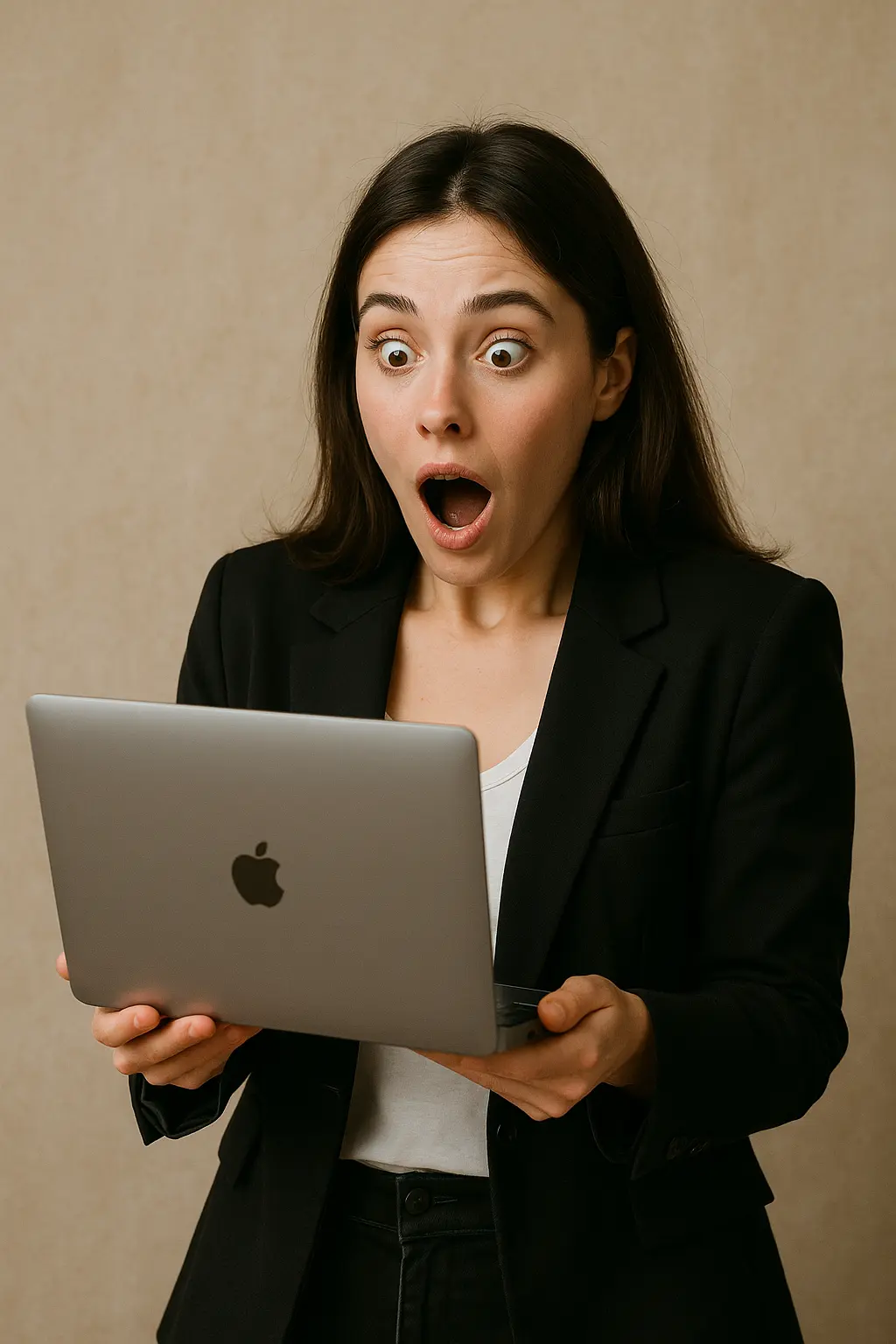 Mlada žena u poslovnom odijelu zapanjeno gleda u laptop, izražavajući wow efekat i pozitivno iznenađenje