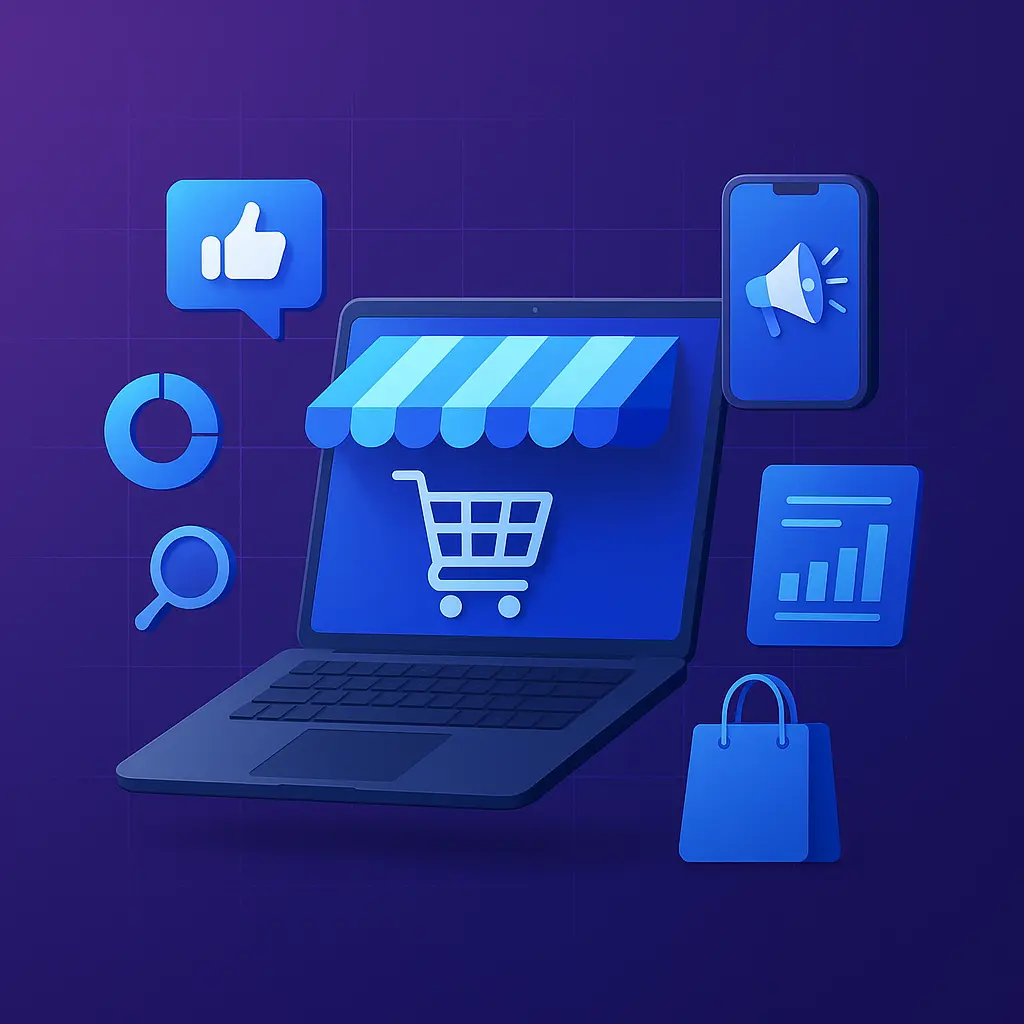 Ilustracija e-trgovine s plavim laptopom i ikonom korpe, okružen elementima digitalnog marketinga na tamnoljubičastoj pozadini