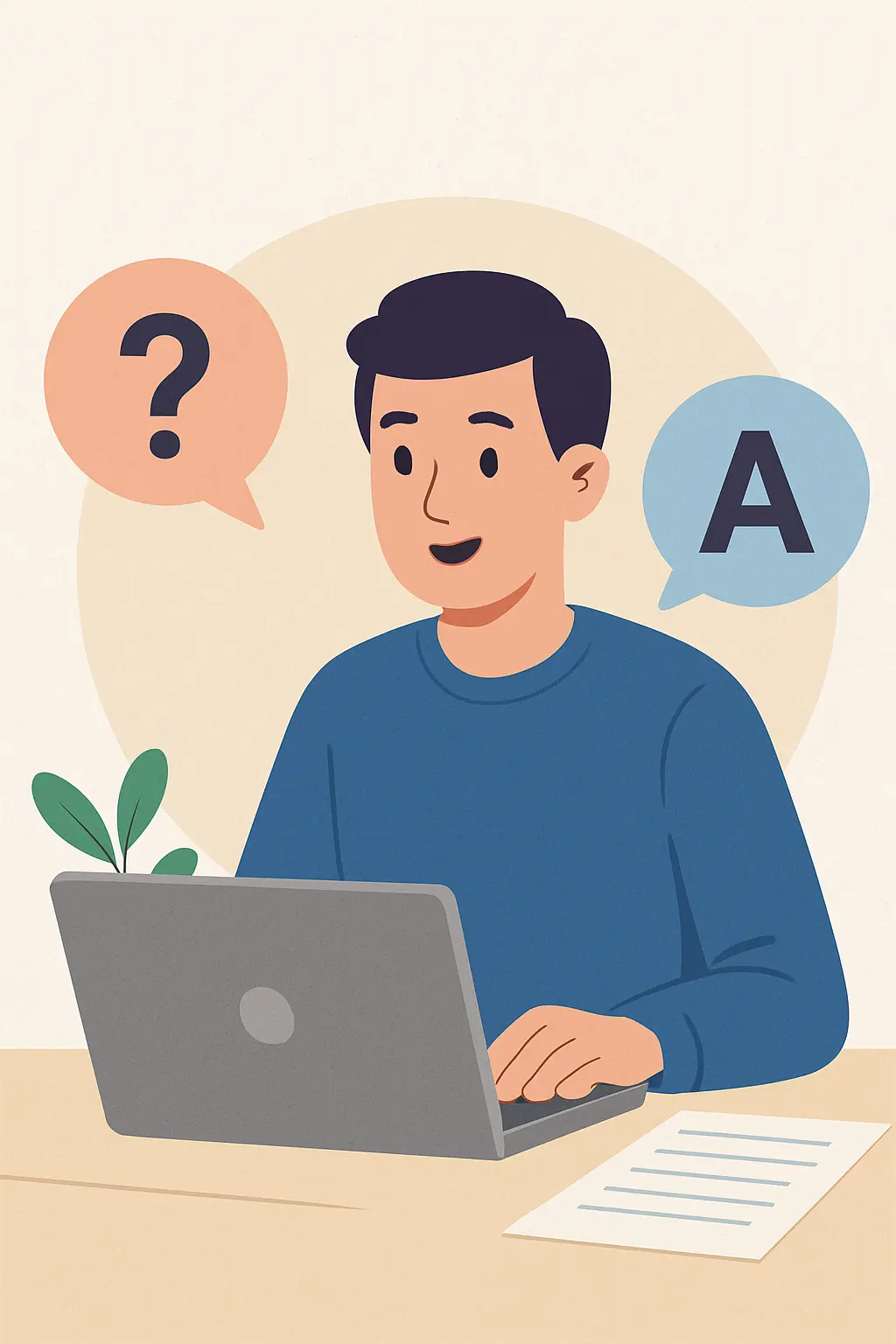 Ilustracija mladića za laptopom uz govorne oblačiće sa znakom pitanja i slovom A, koji simbolizuju FAQ sekciju o Google Ads kampanjama