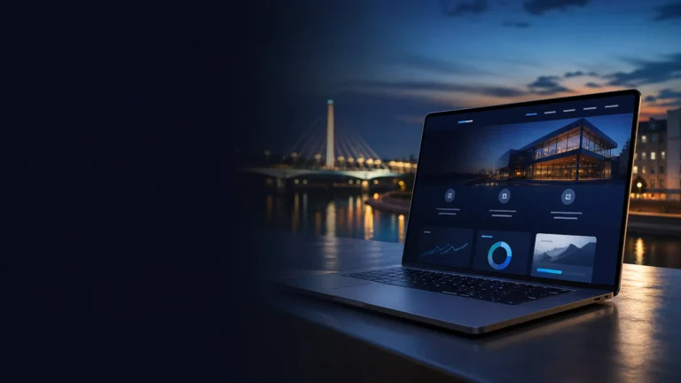Izrada web stranica Brčko – moderan laptop sa web dizajnom uz panoramu grada i rijeku Savu.
