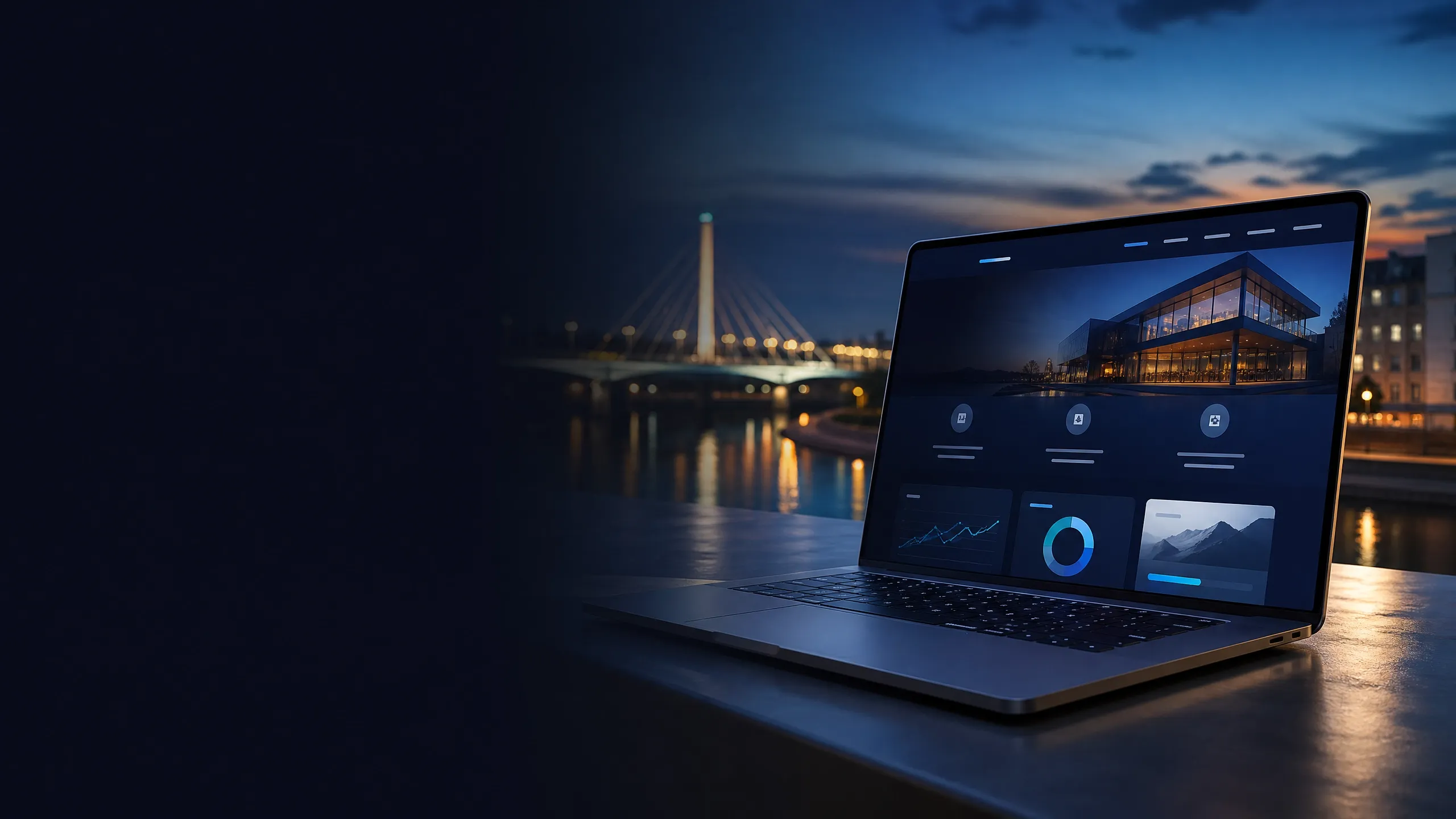 Izrada web stranica Brčko – moderan laptop sa web dizajnom uz panoramu grada i rijeku Savu.