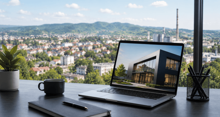 Izrada web stranica Živinice – laptop sa prikazom moderne web stranice i pogledom na grad