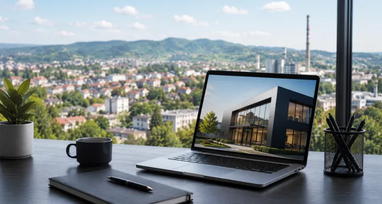 Izrada web stranica Živinice – laptop sa prikazom moderne web stranice i pogledom na grad