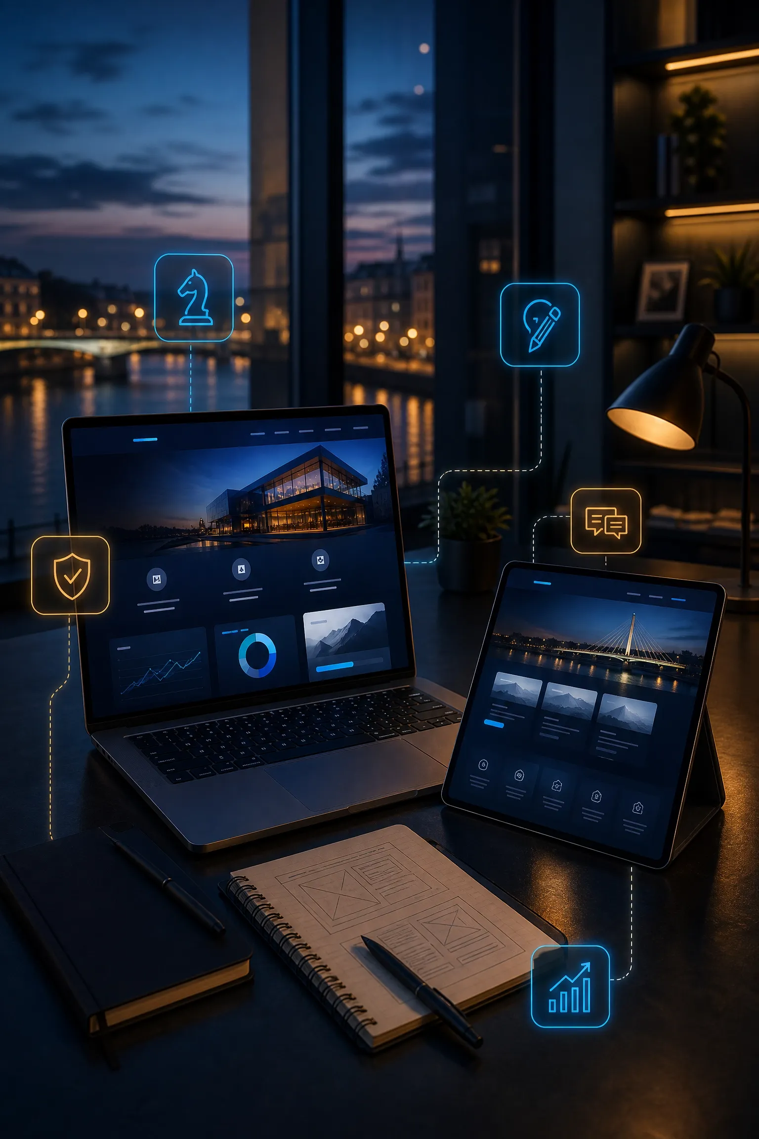 Profesionalna izrada web stranica u Brčkom prikazana kroz laptop, tablet i kreativni dizajn interfejsa.