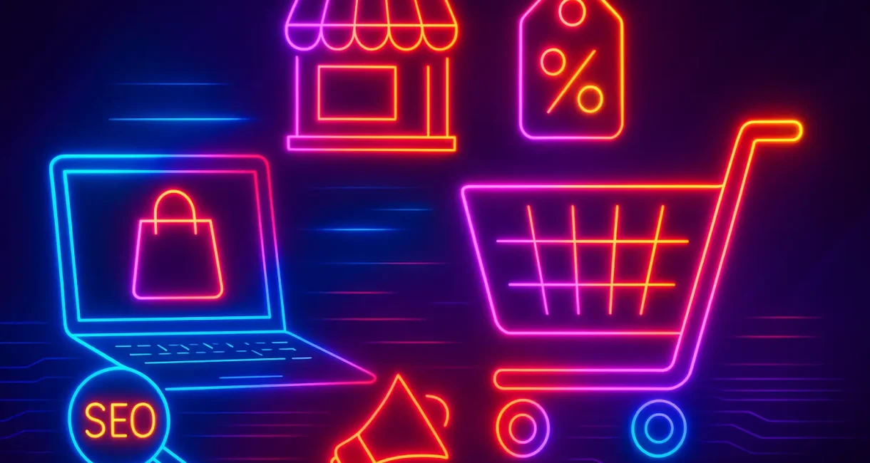 izrada web shopa Neonska ilustracija koja prikazuje koncepte online prodaje, web shop dizajna i digitalnog marketinga – laptop, korpa za kupovinu, oznaka popusta i SEO simbol na tamnoj futurističkoj pozadini.